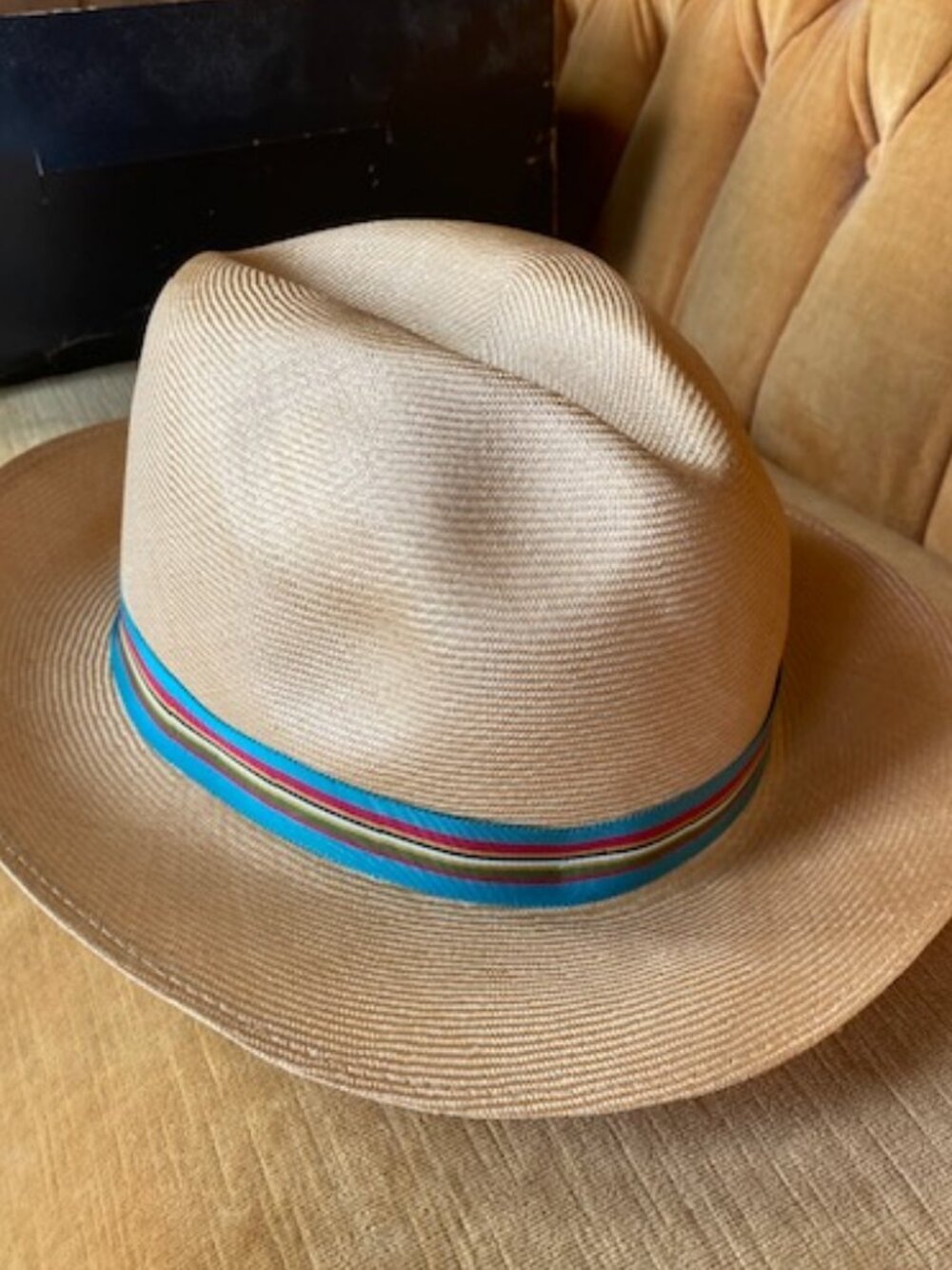 VTG Handwoven Panama Fedora Churchill Multi color Grosgrain Ribbon M with box